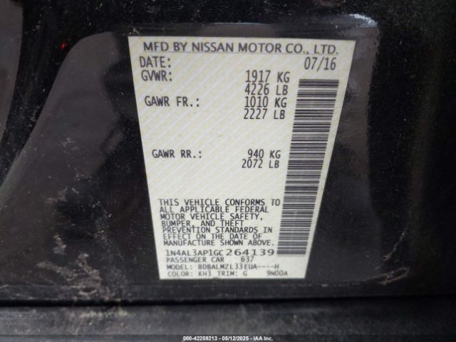 1N4AL3AP1GC264139 Nissan Altima 2.5 Sv