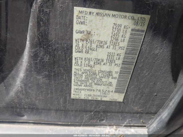 1N6AD0FR0FN765264 Nissan Frontier Sv