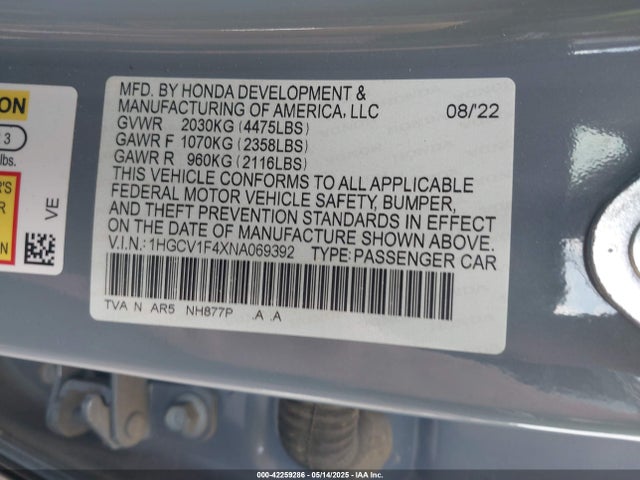 Honda l15be 2022 1HGCV1F4XNA069392 Image 9