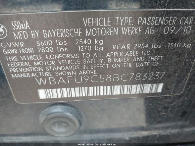2011 BMW 550I WBAFU9C58BC783237 Photo 8