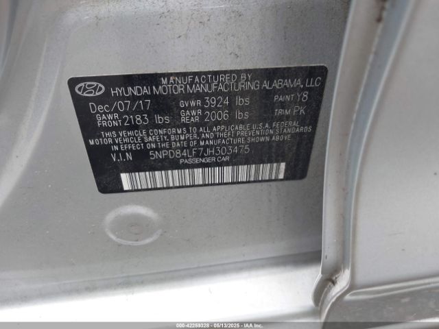 5NPD84LF7JH303475 Hyundai mpi nu