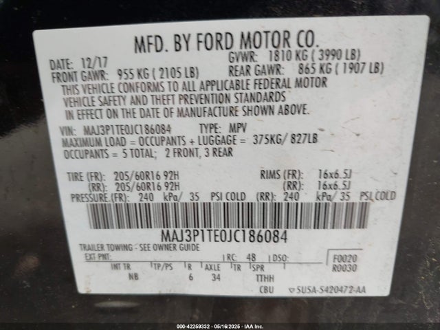 MAJ3P1TE0JC186084 Ford Ecosport Se