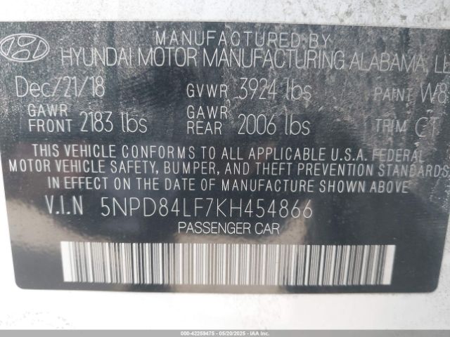 5NPD84LF7KH454866 Hyundai ELANTRA SEL