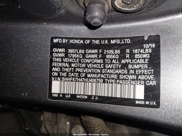 SHHFK7H47HU406759 Honda l15ba