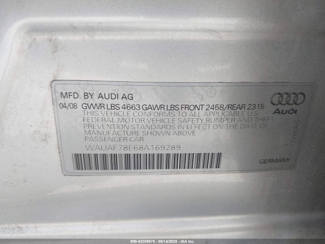 2008 AUDI A4 WAUAF78E68A169289 Photo 8