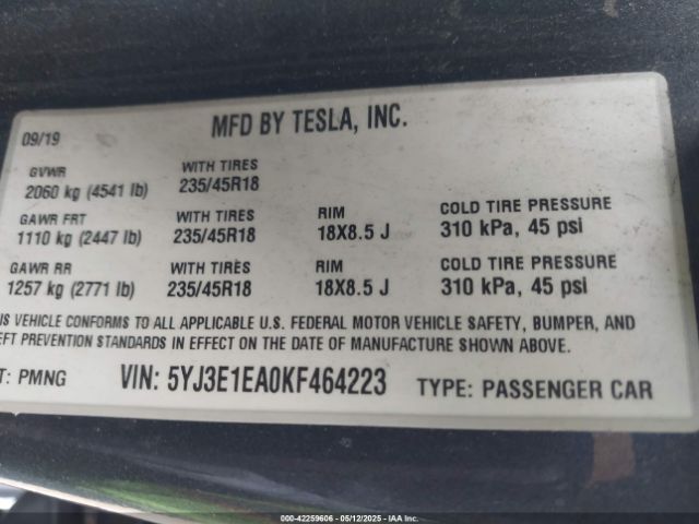 5YJ3E1EA0KF464223 Tesla Model 3 Long Range/mid Range/standard Range/standard Range Plus