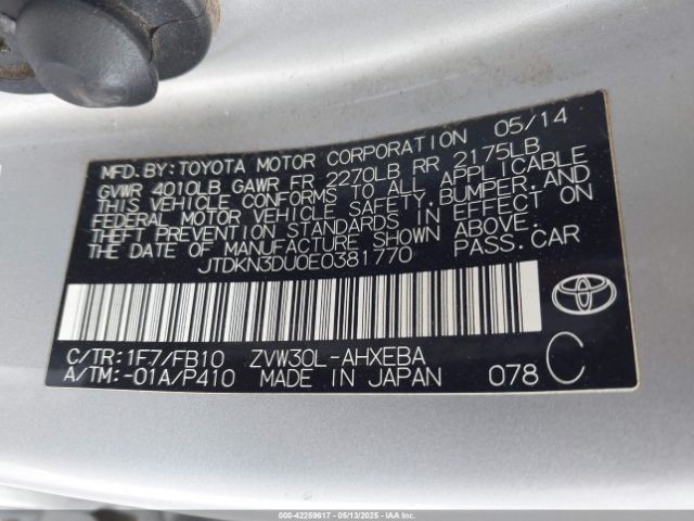 JTDKN3DU0E0381770 Toyota Prius Three