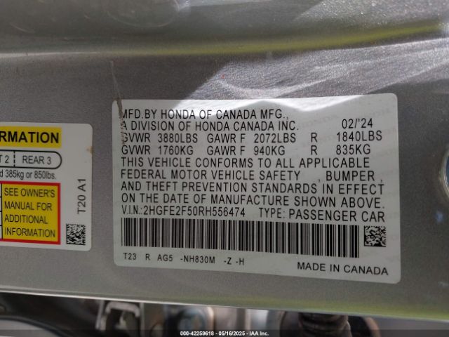 2HGFE2F50RH556474 Honda Civic Sport
