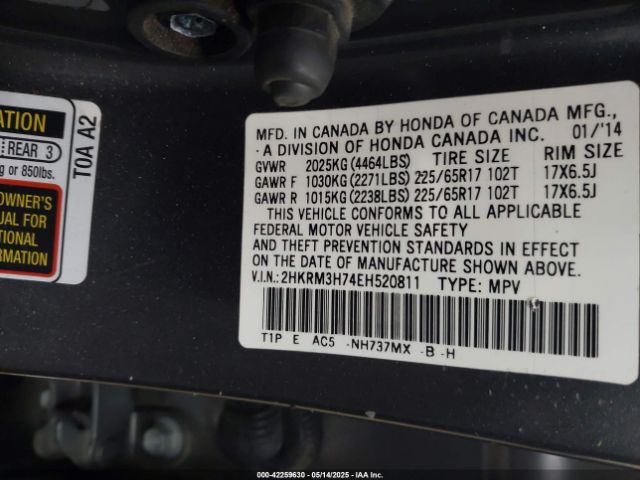2HKRM3H74EH520811 Honda Cr-v Ex-l