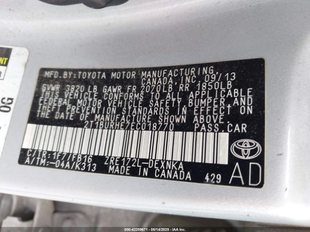 2T1BURHE7EC018770 Toyota COROLLA LE