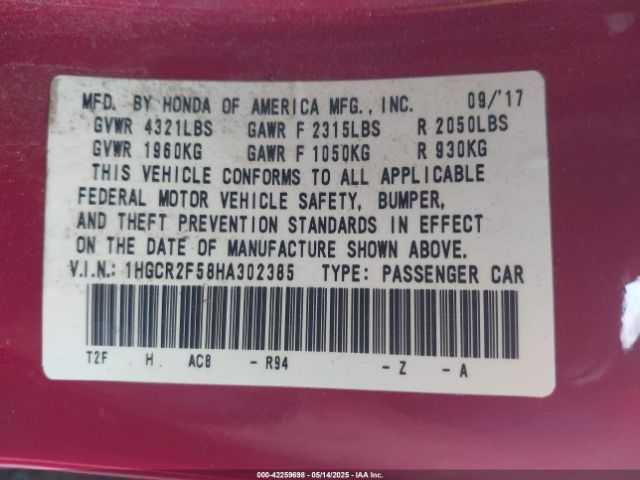 1HGCR2F58HA302385 Honda Accord Sport