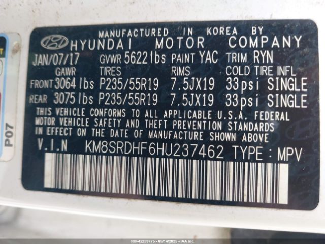 KM8SRDHF6HU237462 Hyundai Santa Fe Limited Ultimate