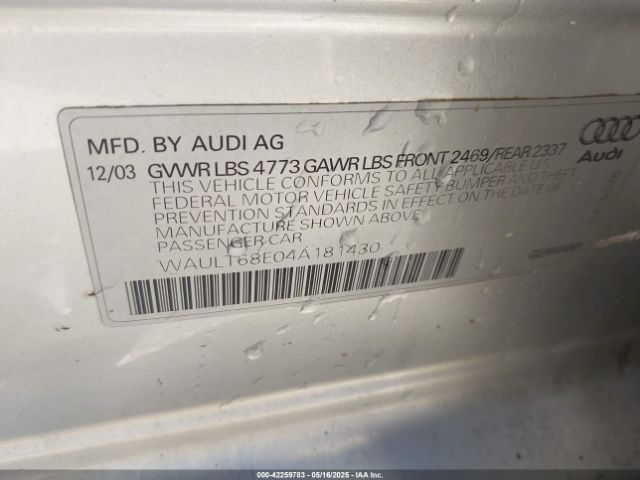2004 AUDI A4 WAULT68E04A181430 Photo 8