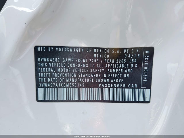 3VW4S7AJXGM359145 Volkswagen 2016