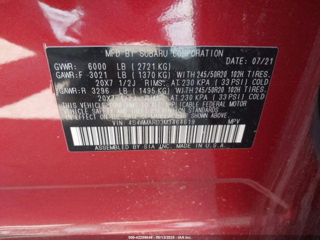 2021 SUBARU ASCENT 4S4WMARD3M3464619 Photo 8
