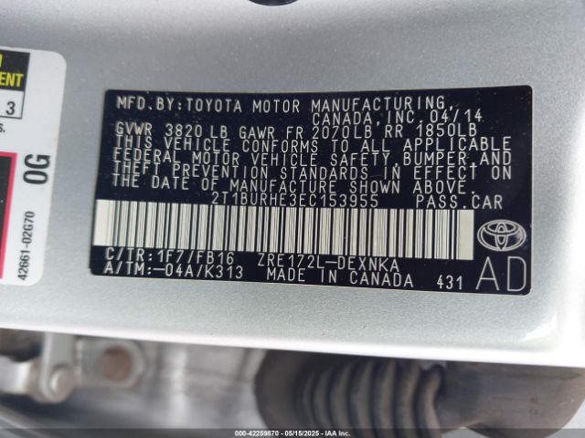 2T1BURHE3EC153955 Toyota COROLLA LE