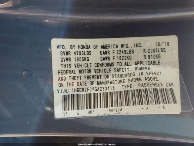 1HGCR2F32GA233416 Honda ACCORD LX