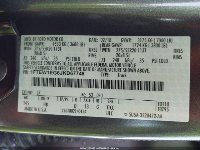 1FTEW1EG6JKD67748 Ford F-150 Lariat