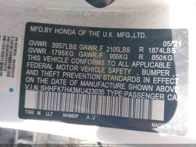 2021 HONDA CIVIC SHHFK7H43MU423035 Photo 8