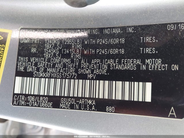 5TDKKRFHXGS175772 Toyota 2gr-fe