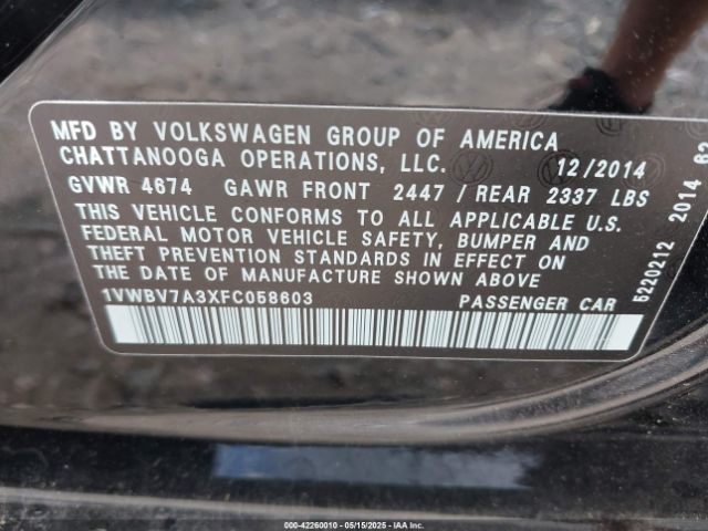 1VWBV7A3XFC058603 Volkswagen Passat 2.0l Tdi Se