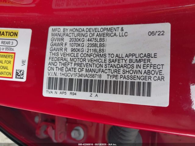 2022 HONDA ACCORD 1HGCV1F34NA058718 Photo 8