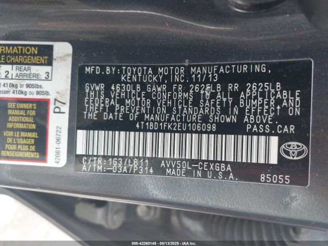 4T1BD1FK2EU106098 Toyota Camry Hybrid Xle