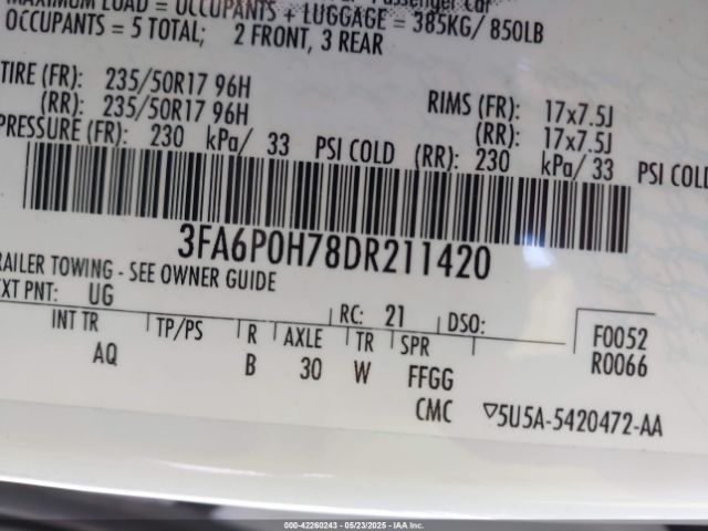 2013 FORD FUSION 3FA6P0H78DR211420 Photo 8