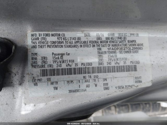 1FADP3E27GL298683 Ford FOCUS S