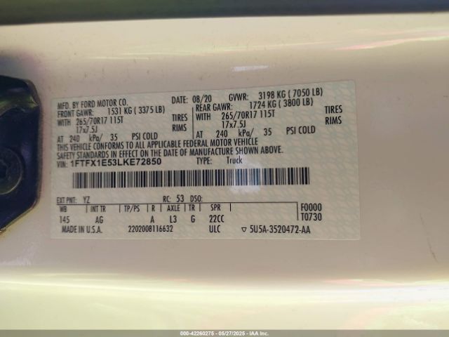 1FTFX1E53LKE72850 Ford F-150 Xl