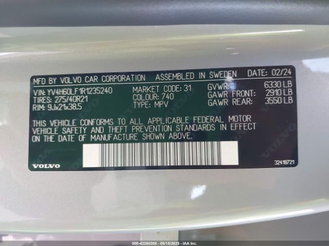 YV4H60LF1R1235240 Volvo Xc90 Recharge Plug-in Hybrid T8 Ultimate 6-seater