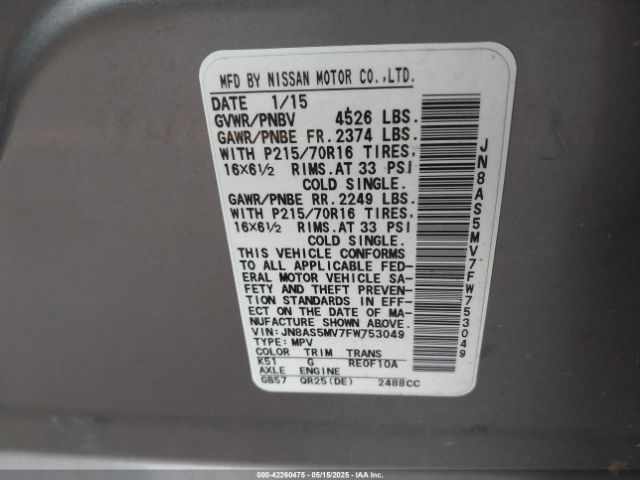 JN8AS5MV7FW753049 Nissan Rogue Select S