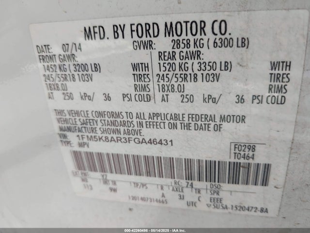 Ford 2015 2015 1FM5K8AR3FGA46431 Image 9