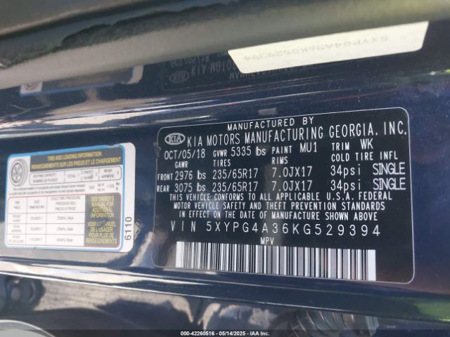 5XYPG4A36KG529394 KIA Sorento 2.4l Lx
