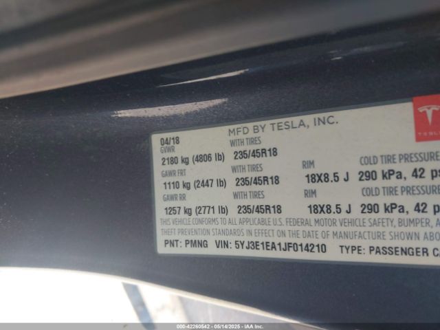 5YJ3E1EA1JF014210 Tesla Model 3 Long Range/mid Range