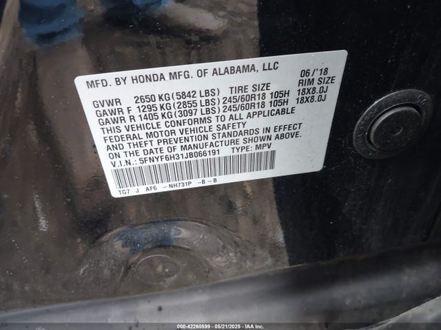 5FNYF6H31JB066191 Honda Pilot Ex