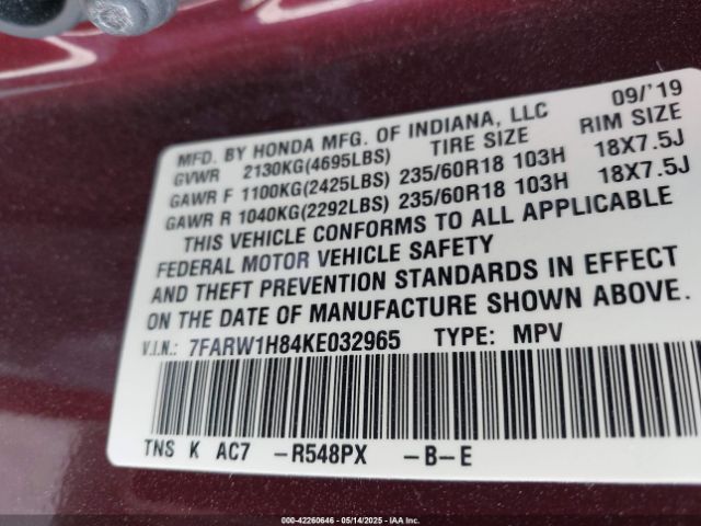 7FARW1H84KE032965 Honda Cr-v Ex-l