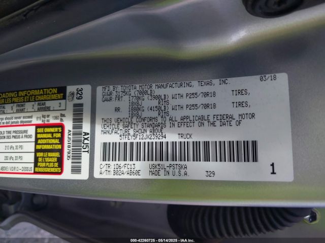 5TFEY5F12JX239294 Toyota Tundra Sr5 5.7l V8