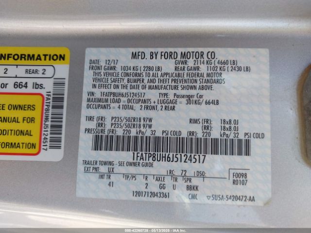 2018 FORD MUSTANG 1FATP8UH6J5124517 Photo 8