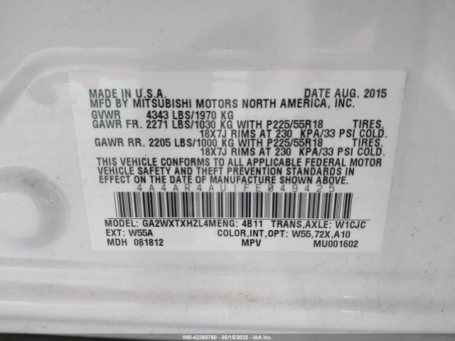 4A4AR4AU1FE049425 Mitsubishi Outlander Sport Se