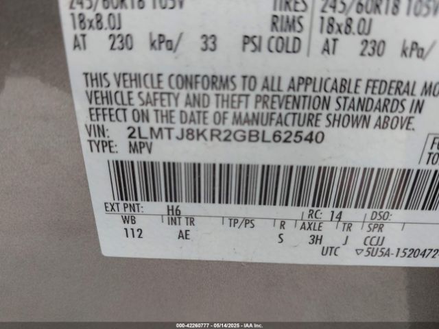 2LMTJ8KR2GBL62540 Lincoln Mkx Select