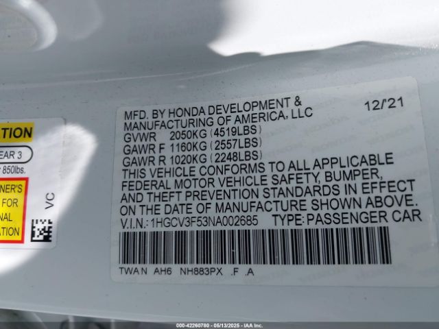 1HGCV3F53NA002685 Honda Accord Hybrid Ex-l