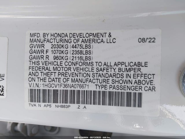 1HGCV1F36NA076671 Honda l15be