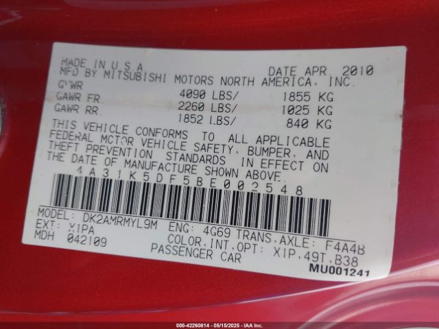 2011 MITSUBISHI ECLIPSE 4A31K5DF5BE002548 Photo 8