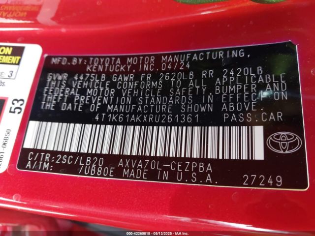 4T1K61AKXRU261361 Toyota CAMRY XSE