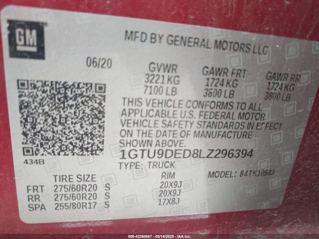 1GTU9DED8LZ296394 GMC Sierra 1500 4wd  Short Box Slt