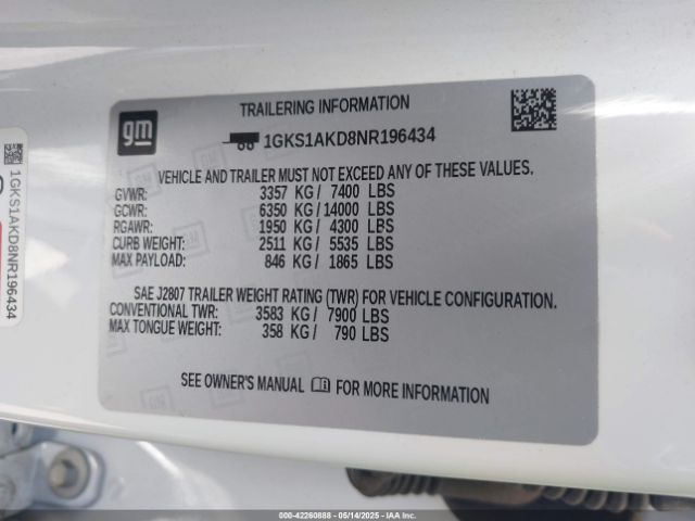 1GKS1AKD8NR196434 GMC l84 - di, dfm, alum, gen 5, var 2