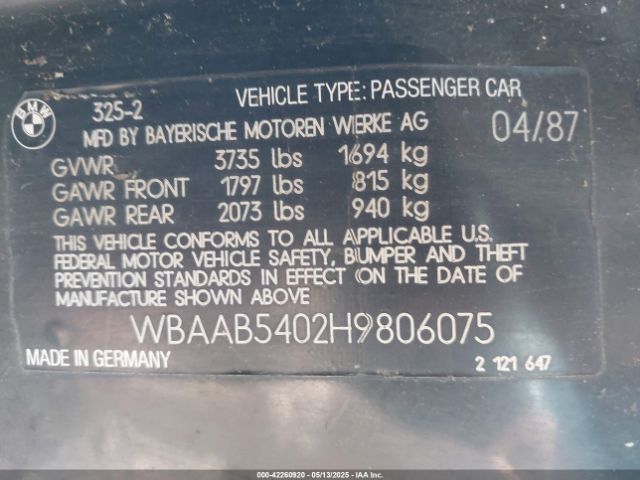 1987 BMW 325 WBAAB5402H9806075 Photo 8