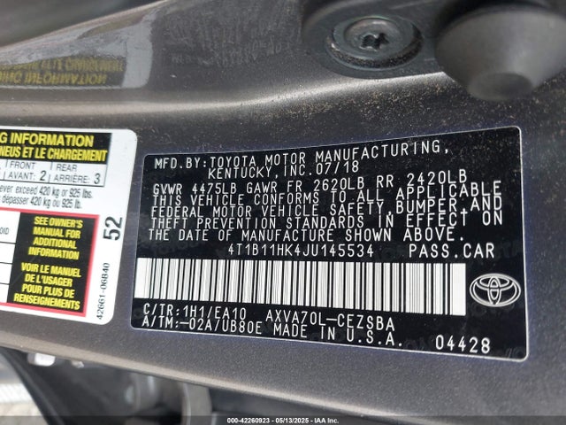 4T1B11HK4JU145534 Toyota CAMRY SE