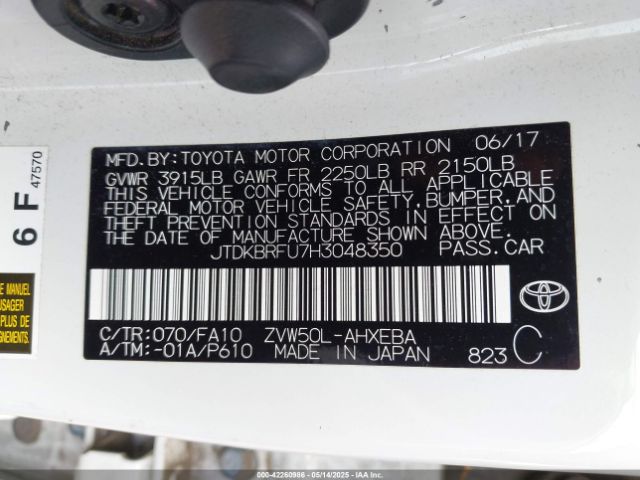 JTDKBRFU7H3048350 Toyota Prius One